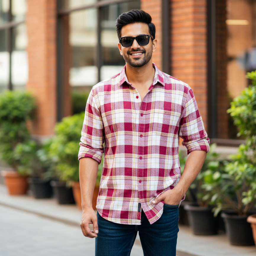 Maroon Linen Check Shirt with Dark Blue Denim – K&S Collective Combo