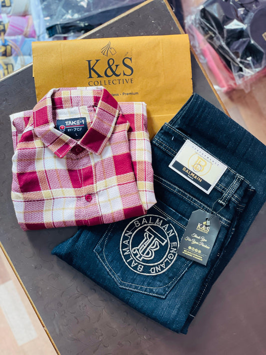 Maroon Linen Check Shirt with Dark Blue Denim – K&S Collective Combo