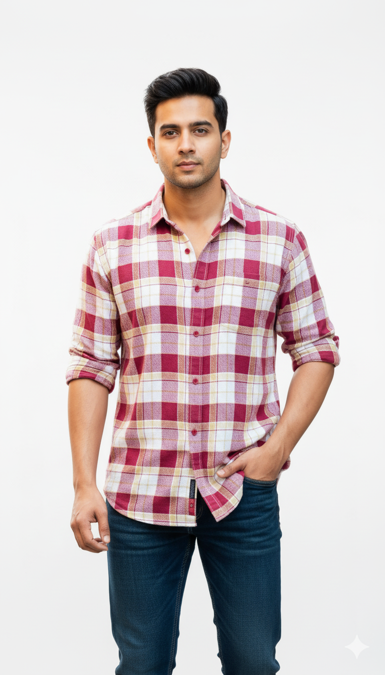 Maroon Linen Check Shirt with Dark Blue Denim – K&S Collective Combo