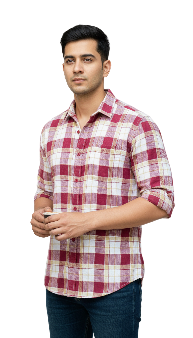 Maroon Linen Check Shirt with Dark Blue Denim – K&S Collective Combo