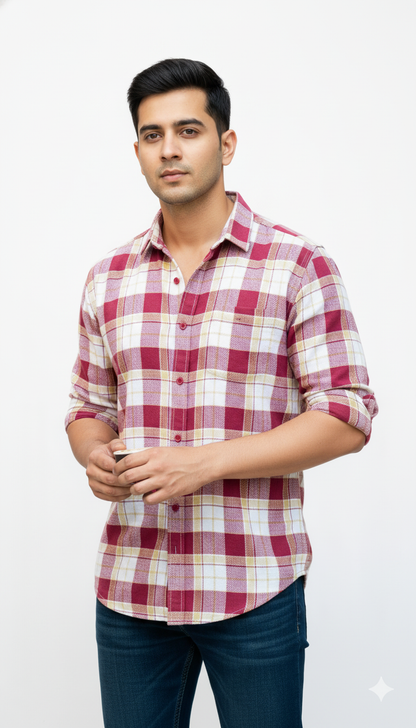 Maroon Linen Check Shirt with Dark Blue Denim – K&S Collective Combo